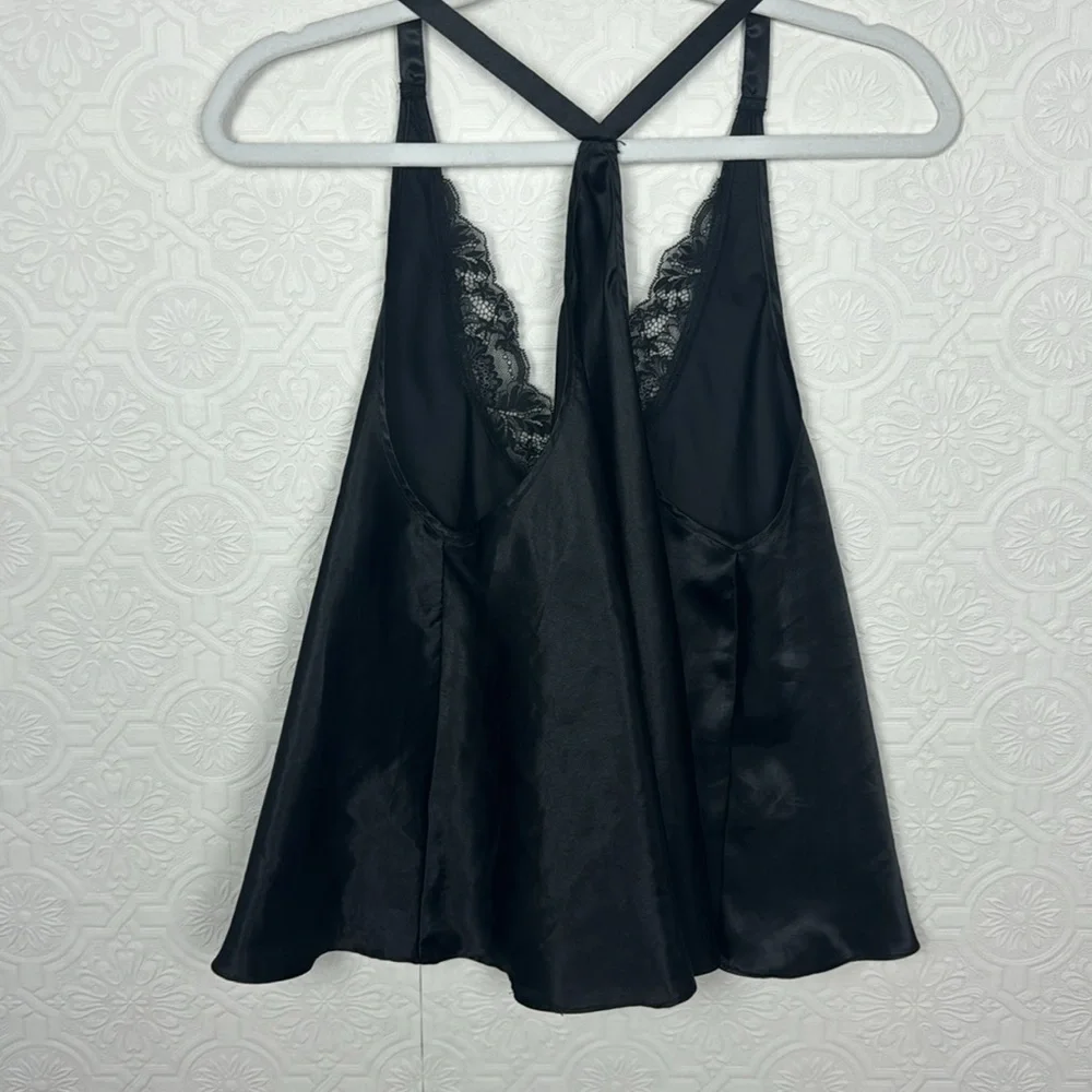 Flora Nikrooz Satin Silky Tank Top‎ Lingerie Secy Lacey Lace Black Pjs Pajamas